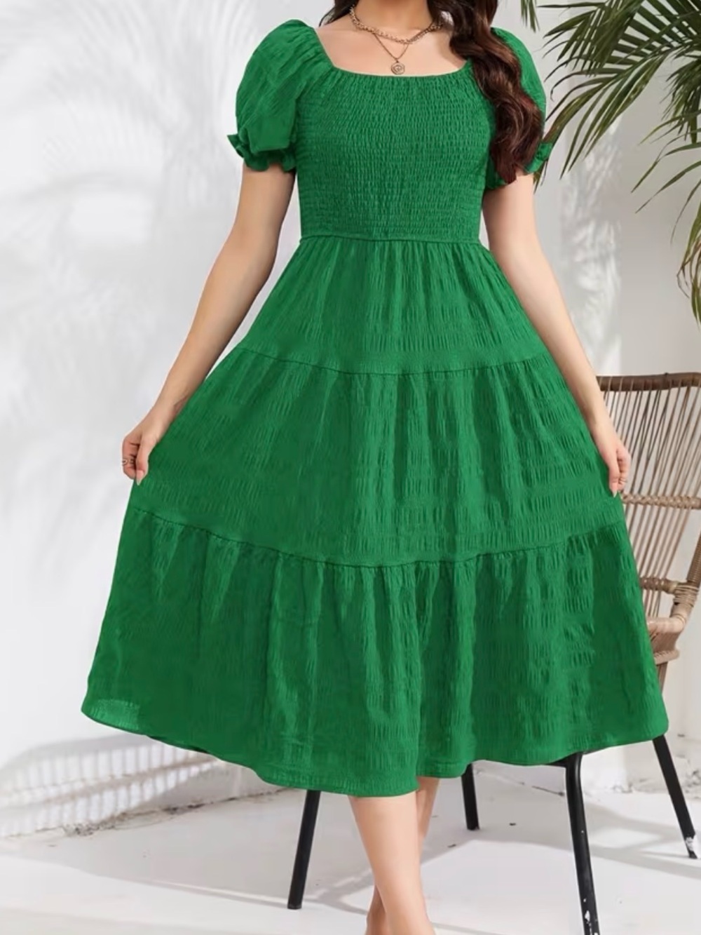 Green Puff-Sleeve Midi Dress